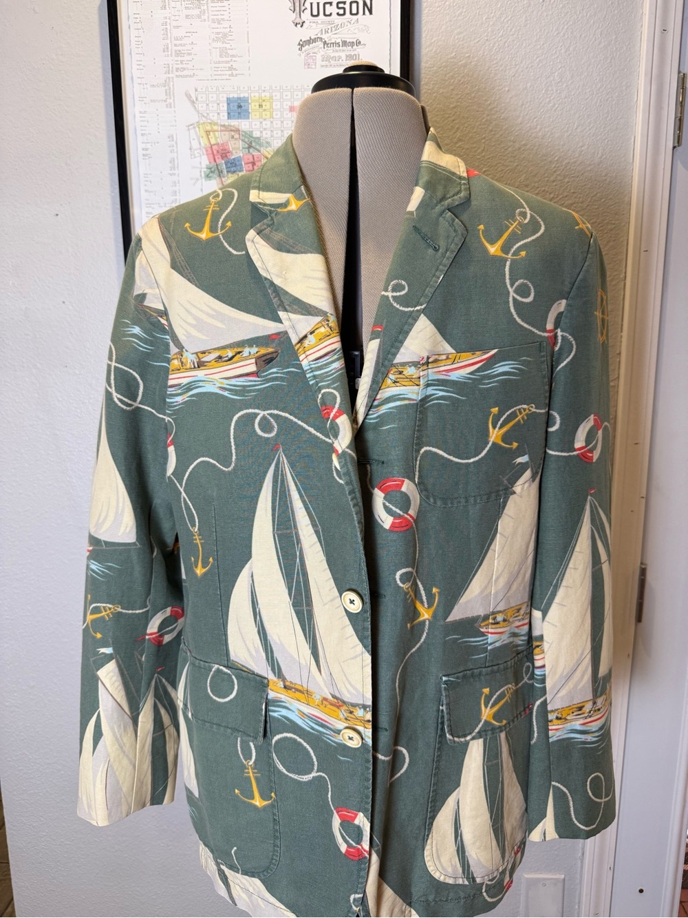 Polo Ralph Lauren 46R Custom Fit Green Nautical Sailboat Print Blazer